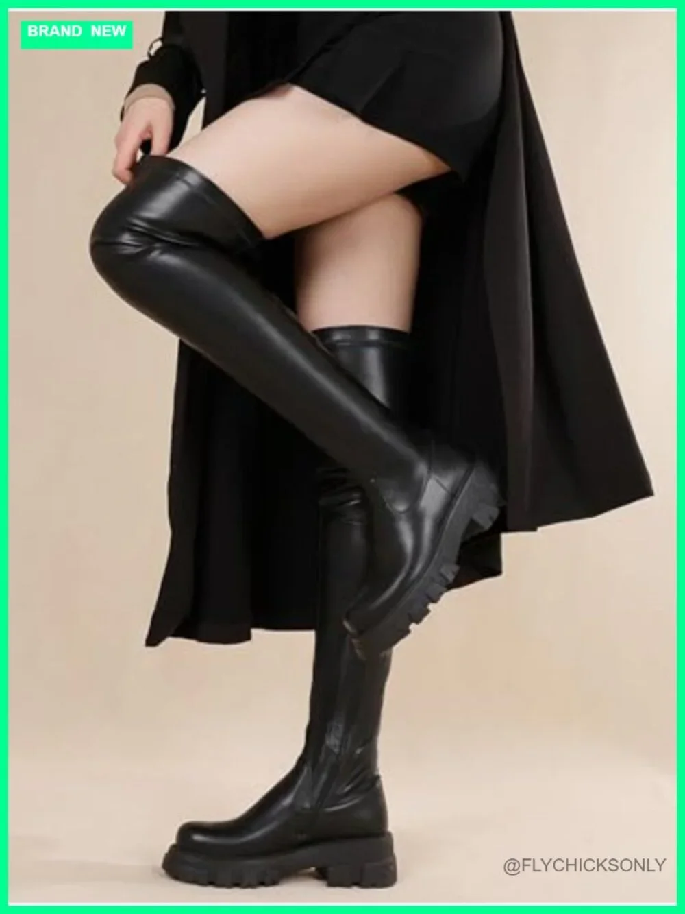 Black Platform Over the Knee Boots Lug Sole Side Zipper Stretch Boots